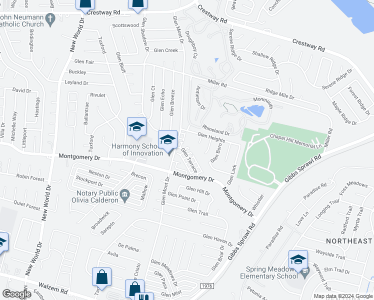 map of restaurants, bars, coffee shops, grocery stores, and more near 7118 Glen Terrace in San Antonio