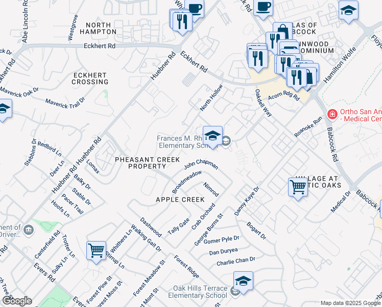 map of restaurants, bars, coffee shops, grocery stores, and more near 7907 Terranova in San Antonio