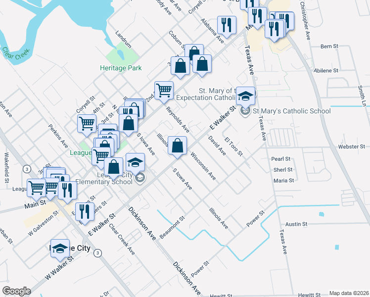map of restaurants, bars, coffee shops, grocery stores, and more near 1016 East Walker Street in League City