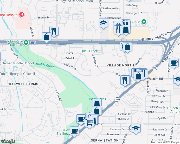 map of restaurants, bars, coffee shops, grocery stores, and more near 8202 Campobello Drive in San Antonio
