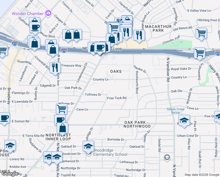map of restaurants, bars, coffee shops, grocery stores, and more near 4 Dorchester Place in San Antonio