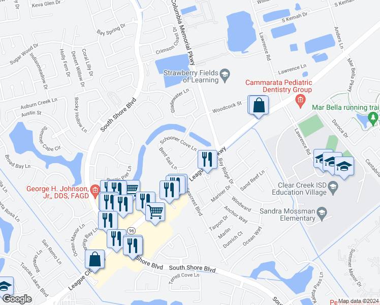 map of restaurants, bars, coffee shops, grocery stores, and more near 3215 Windy Cape Lane in League City