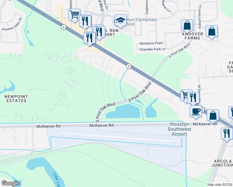 map of restaurants, bars, coffee shops, grocery stores, and more near South Post Oak Boulevard in Arcola