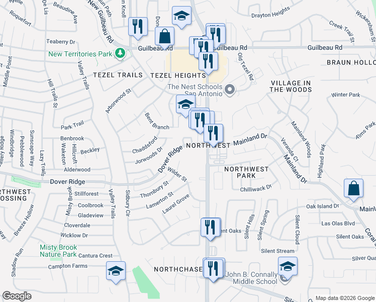 map of restaurants, bars, coffee shops, grocery stores, and more near 9150 Dover Ridge in San Antonio