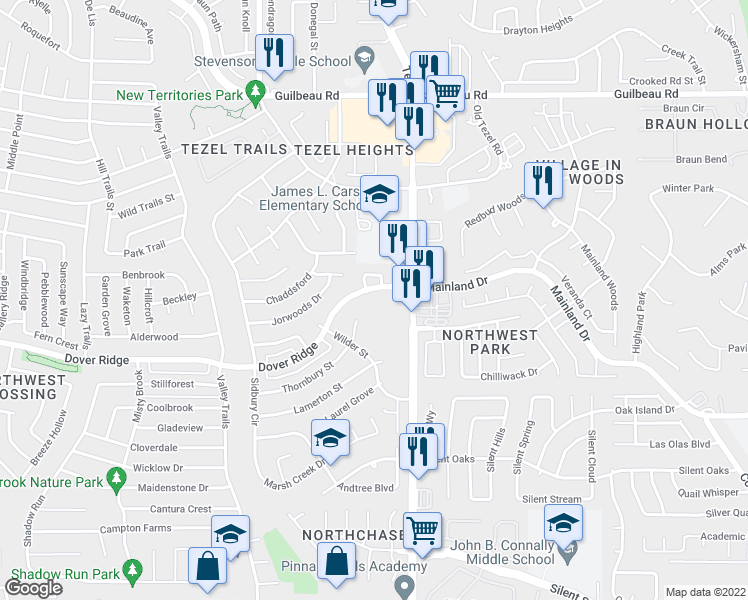 map of restaurants, bars, coffee shops, grocery stores, and more near 9150 Dover Ridge in San Antonio