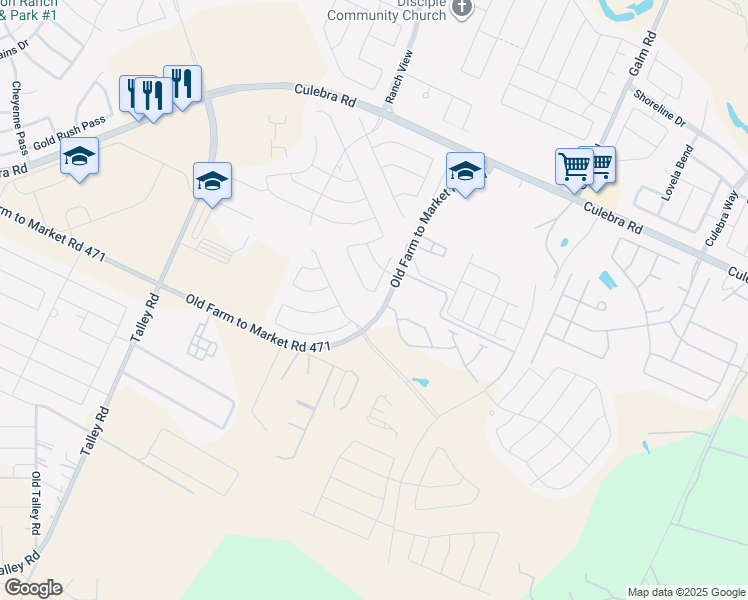 map of restaurants, bars, coffee shops, grocery stores, and more near 7803 Belmont Valley in San Antonio