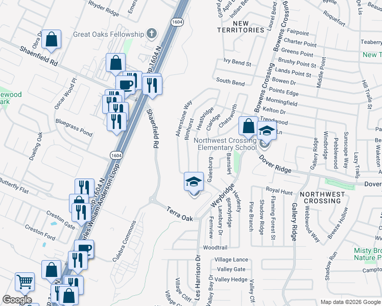 map of restaurants, bars, coffee shops, grocery stores, and more near 7434 Alverstone Way in San Antonio