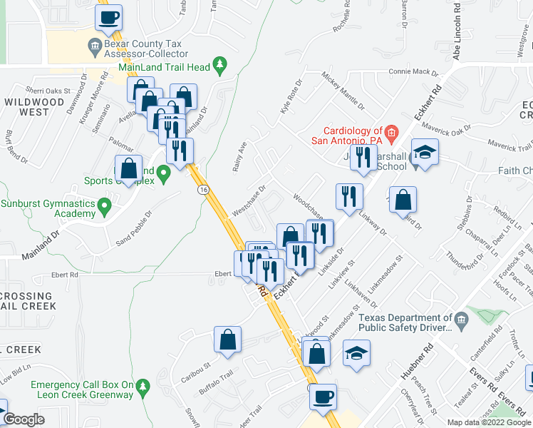 map of restaurants, bars, coffee shops, grocery stores, and more near Bluegrass Run in San Antonio