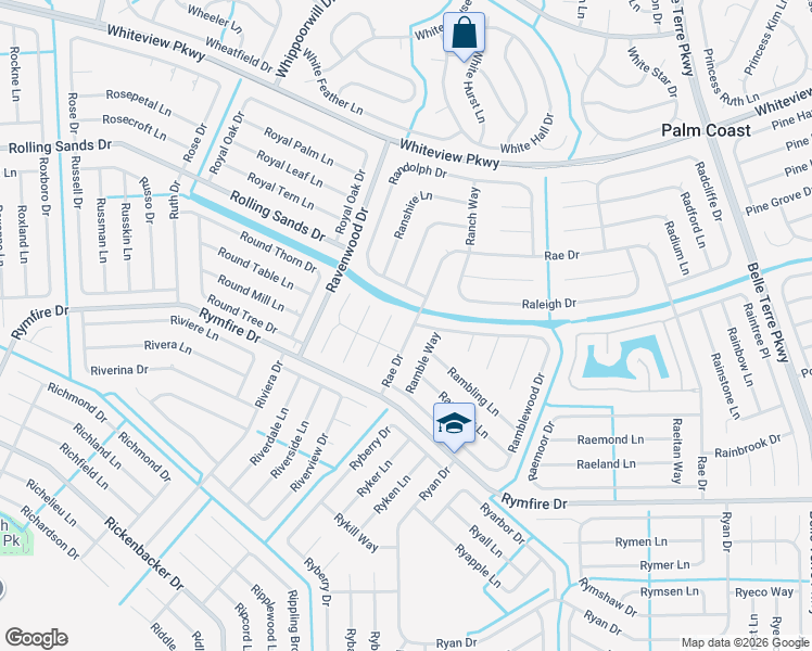 map of restaurants, bars, coffee shops, grocery stores, and more near 17 Ramble Way in Palm Coast