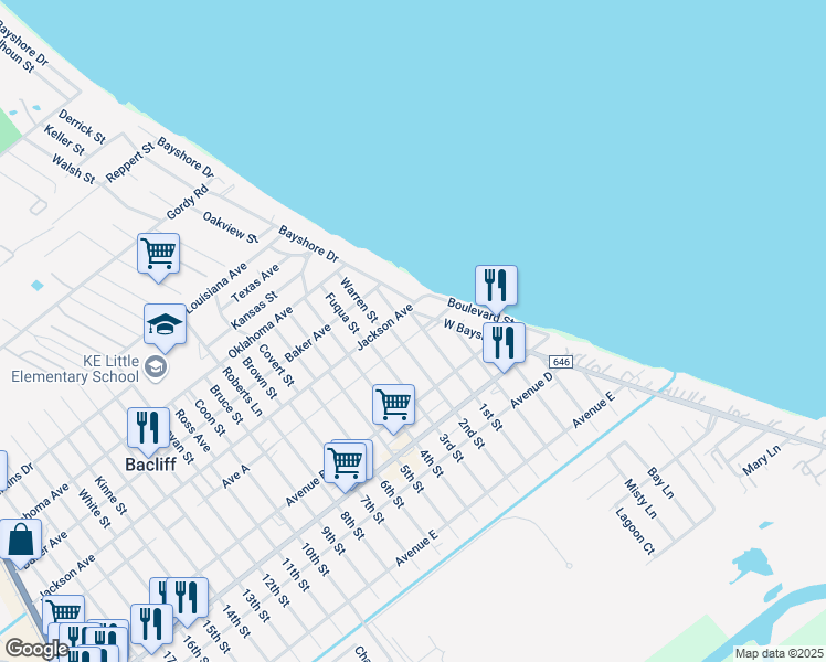 map of restaurants, bars, coffee shops, grocery stores, and more near 4420 1st Street in Bacliff