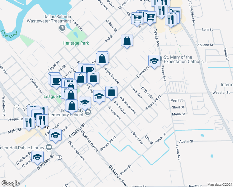 map of restaurants, bars, coffee shops, grocery stores, and more near 1015 East Walker Street in League City