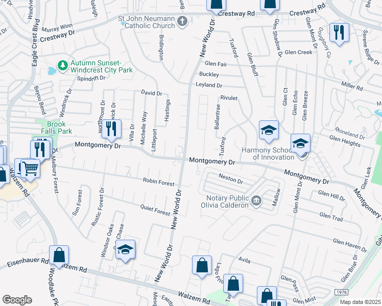 map of restaurants, bars, coffee shops, grocery stores, and more near 6729 Montgomery Drive in San Antonio