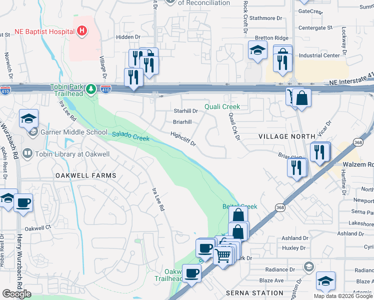 map of restaurants, bars, coffee shops, grocery stores, and more near 3830 Highcliff Drive in San Antonio