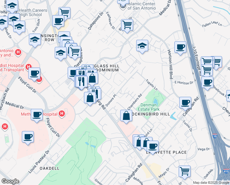 map of restaurants, bars, coffee shops, grocery stores, and more near 7923 Donore Place in San Antonio