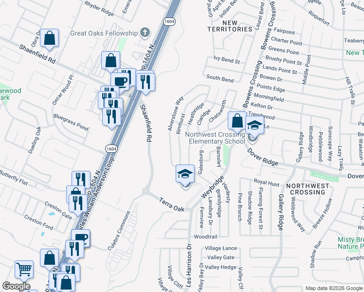 map of restaurants, bars, coffee shops, grocery stores, and more near 7434 Alverstone Way in San Antonio