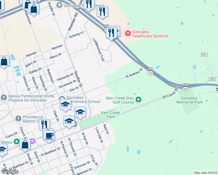 map of restaurants, bars, coffee shops, grocery stores, and more near 2113 Zint Street in Gonzales