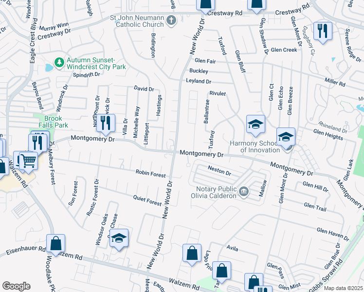 map of restaurants, bars, coffee shops, grocery stores, and more near 6733 Montgomery Drive in San Antonio