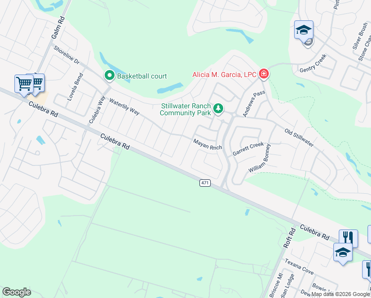 map of restaurants, bars, coffee shops, grocery stores, and more near 7631 Culebra Valley in San Antonio