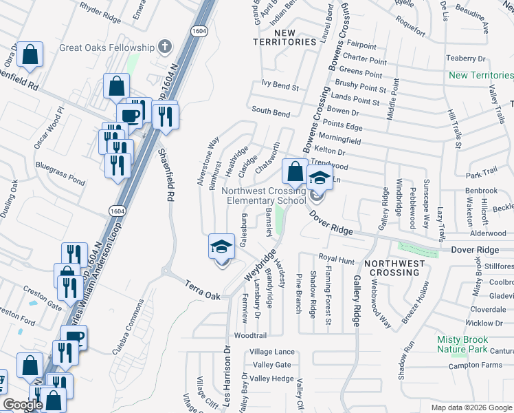 map of restaurants, bars, coffee shops, grocery stores, and more near 10127 Inridge in San Antonio