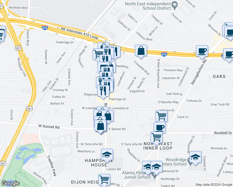map of restaurants, bars, coffee shops, grocery stores, and more near 1810 Edgehill Drive in San Antonio