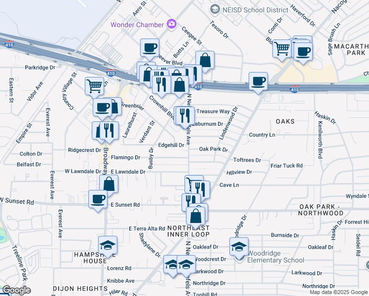 map of restaurants, bars, coffee shops, grocery stores, and more near 2111 Flamingo Drive in San Antonio