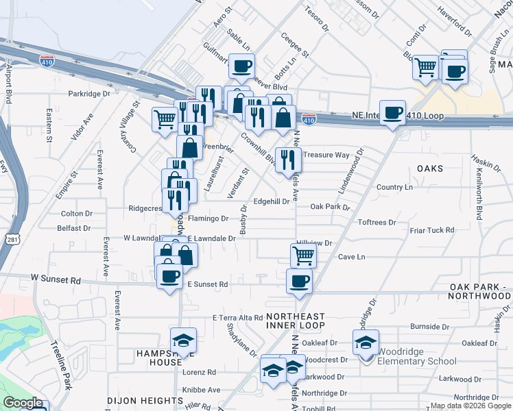 map of restaurants, bars, coffee shops, grocery stores, and more near 2015 Flamingo Drive in San Antonio
