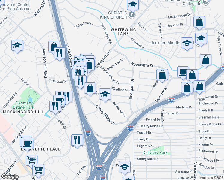 map of restaurants, bars, coffee shops, grocery stores, and more near 3221 Tawny Oak Drive in San Antonio