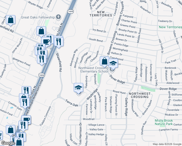 map of restaurants, bars, coffee shops, grocery stores, and more near 10127 Inridge in San Antonio