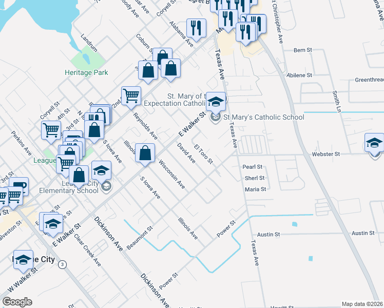 map of restaurants, bars, coffee shops, grocery stores, and more near 605 David Avenue in League City