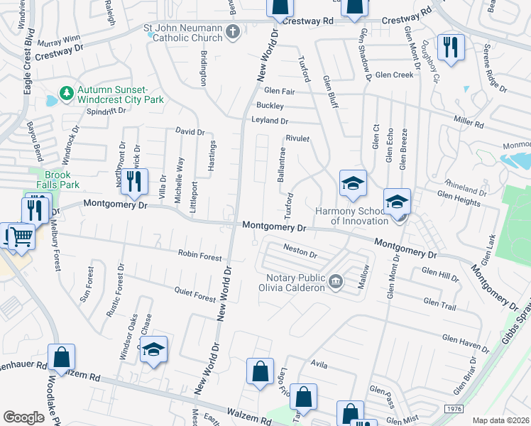 map of restaurants, bars, coffee shops, grocery stores, and more near 8202 Montgomery Oak in San Antonio
