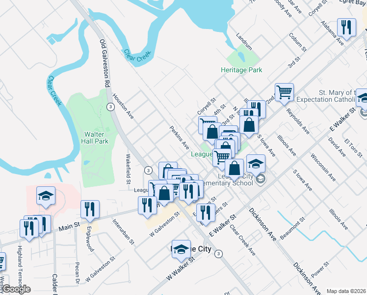 map of restaurants, bars, coffee shops, grocery stores, and more near 311 Perkins Avenue in League City