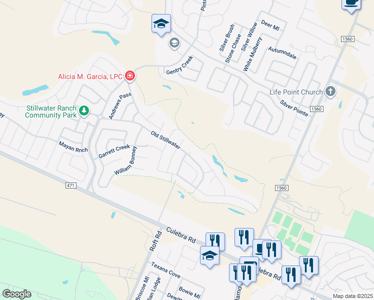 map of restaurants, bars, coffee shops, grocery stores, and more near 12023 Old Stillwater in San Antonio