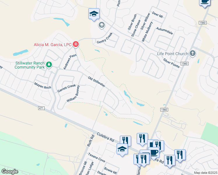 map of restaurants, bars, coffee shops, grocery stores, and more near 12023 Old Stillwater in San Antonio