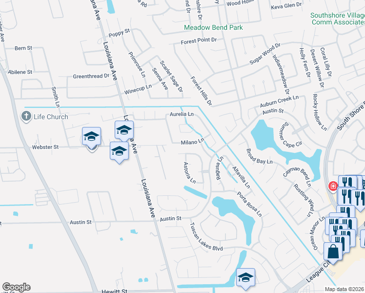 map of restaurants, bars, coffee shops, grocery stores, and more near 2870 Lombardia Drive in League City