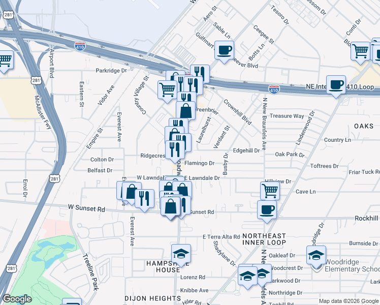 map of restaurants, bars, coffee shops, grocery stores, and more near 8134 Broadway in San Antonio