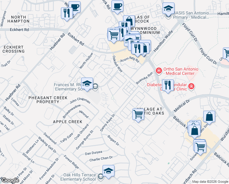 map of restaurants, bars, coffee shops, grocery stores, and more near 7806 Galaway Bay in San Antonio