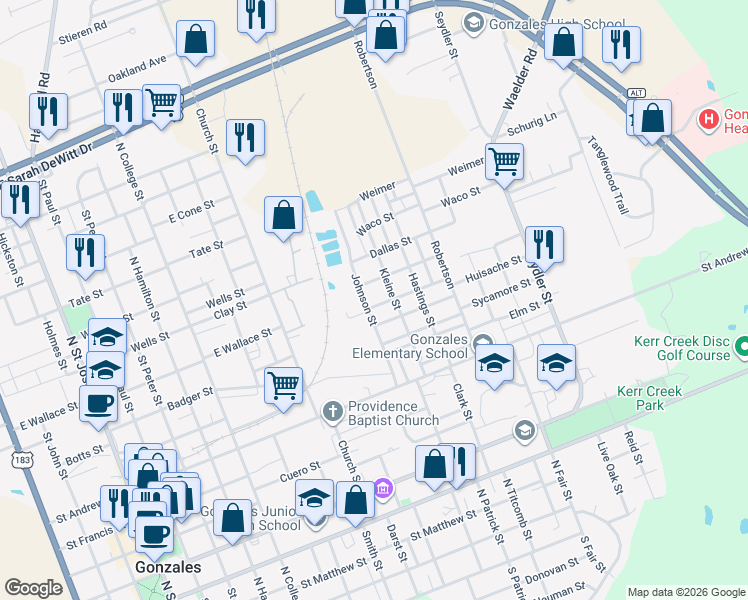 map of restaurants, bars, coffee shops, grocery stores, and more near 1313 Robinson Street in Gonzales