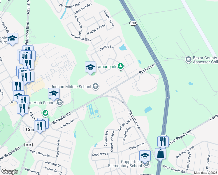 map of restaurants, bars, coffee shops, grocery stores, and more near 9602 Legislation Drive in Converse