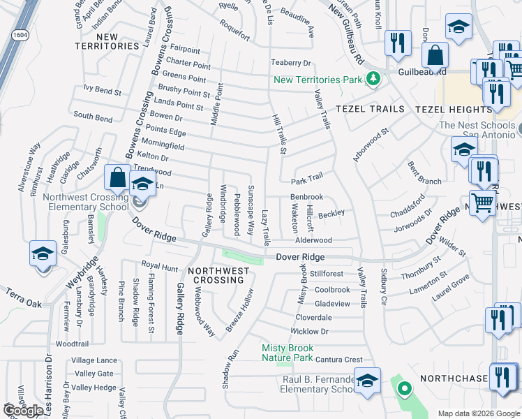 map of restaurants, bars, coffee shops, grocery stores, and more near 7322 Lazy Trail in San Antonio