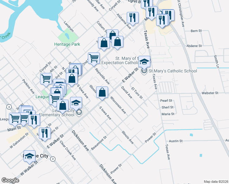 map of restaurants, bars, coffee shops, grocery stores, and more near 1109 East Walker Street in League City