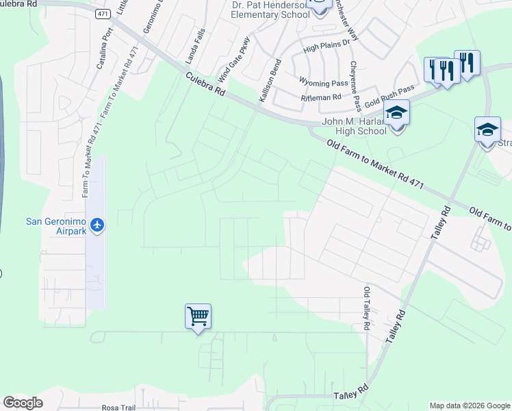 map of restaurants, bars, coffee shops, grocery stores, and more near 7349 Talley Road in San Antonio