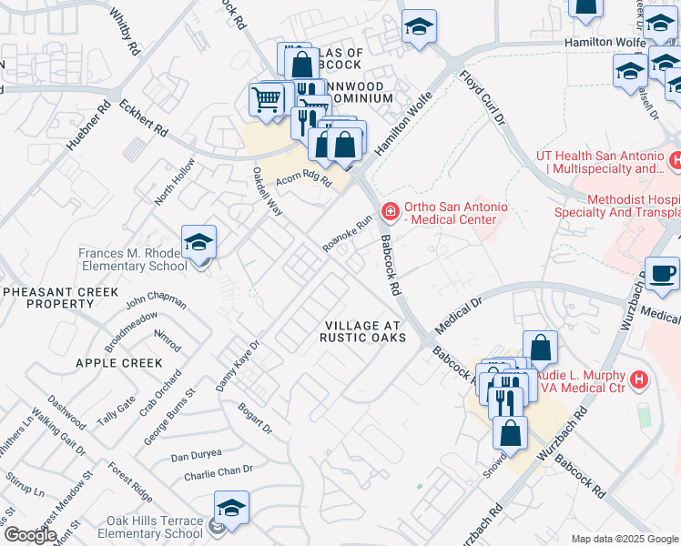 map of restaurants, bars, coffee shops, grocery stores, and more near 7703 Wexford Square in San Antonio