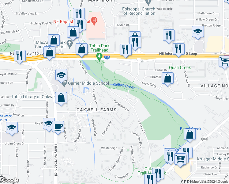 map of restaurants, bars, coffee shops, grocery stores, and more near 628 Ira Lee Road in San Antonio