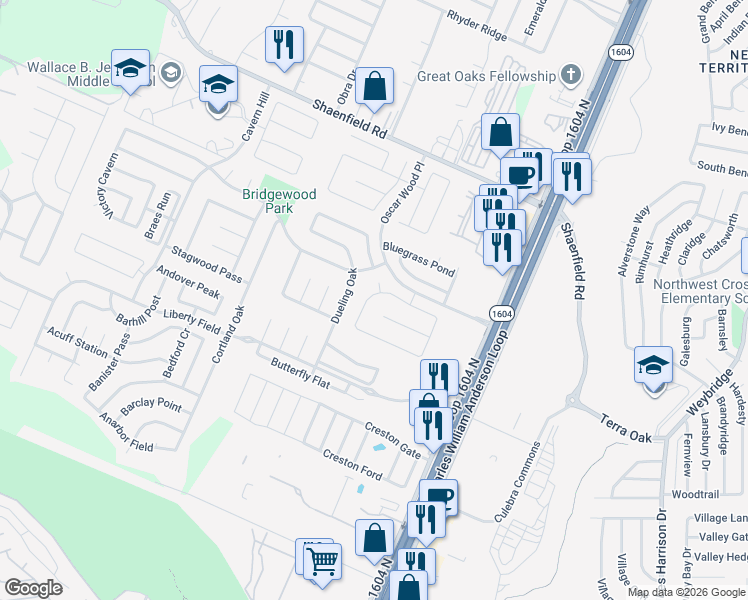 map of restaurants, bars, coffee shops, grocery stores, and more near 10618 Triggers Creek in San Antonio