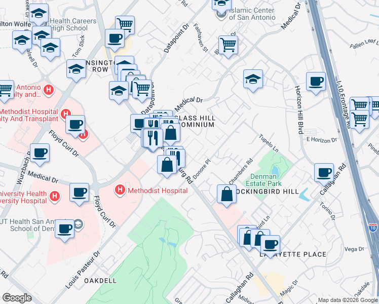map of restaurants, bars, coffee shops, grocery stores, and more near 7880 Fredericksburg Road in San Antonio