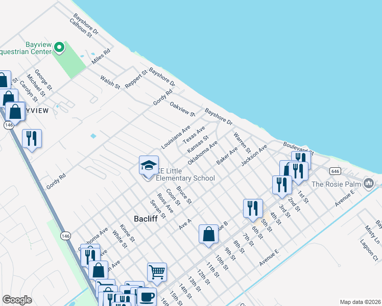 map of restaurants, bars, coffee shops, grocery stores, and more near 514 Oklahoma Avenue in Bacliff