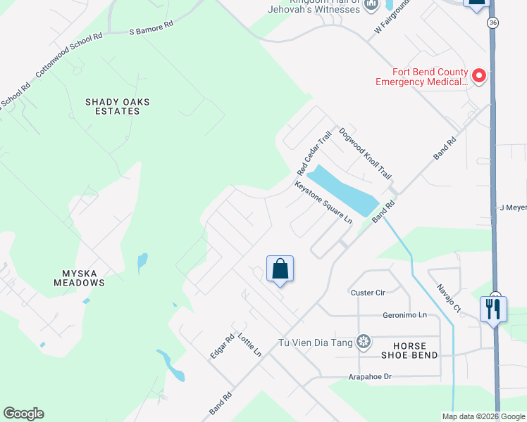map of restaurants, bars, coffee shops, grocery stores, and more near 2330 Zephyr Lane in Rosenberg