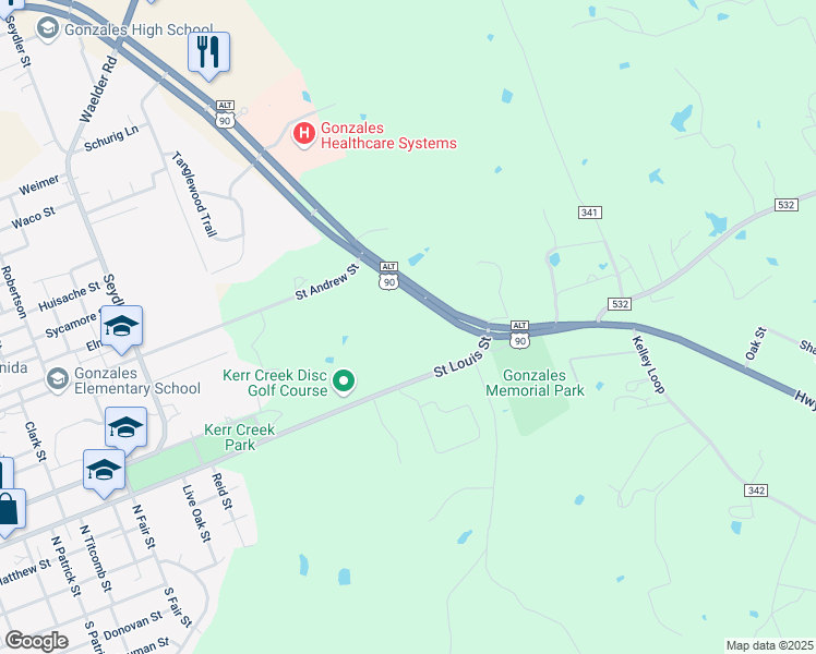 map of restaurants, bars, coffee shops, grocery stores, and more near 2528 Saint Louis Street in Gonzales
