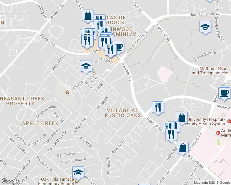 map of restaurants, bars, coffee shops, grocery stores, and more near 7703 Wexford Square in San Antonio