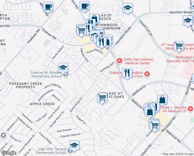map of restaurants, bars, coffee shops, grocery stores, and more near 7731 Wexford Grove in San Antonio